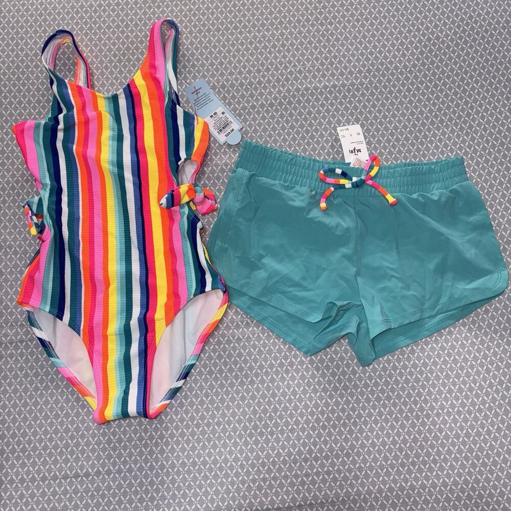 NWT Girls 2pc Swimsuit Set Striped One Piece + Shorts Medium (8)